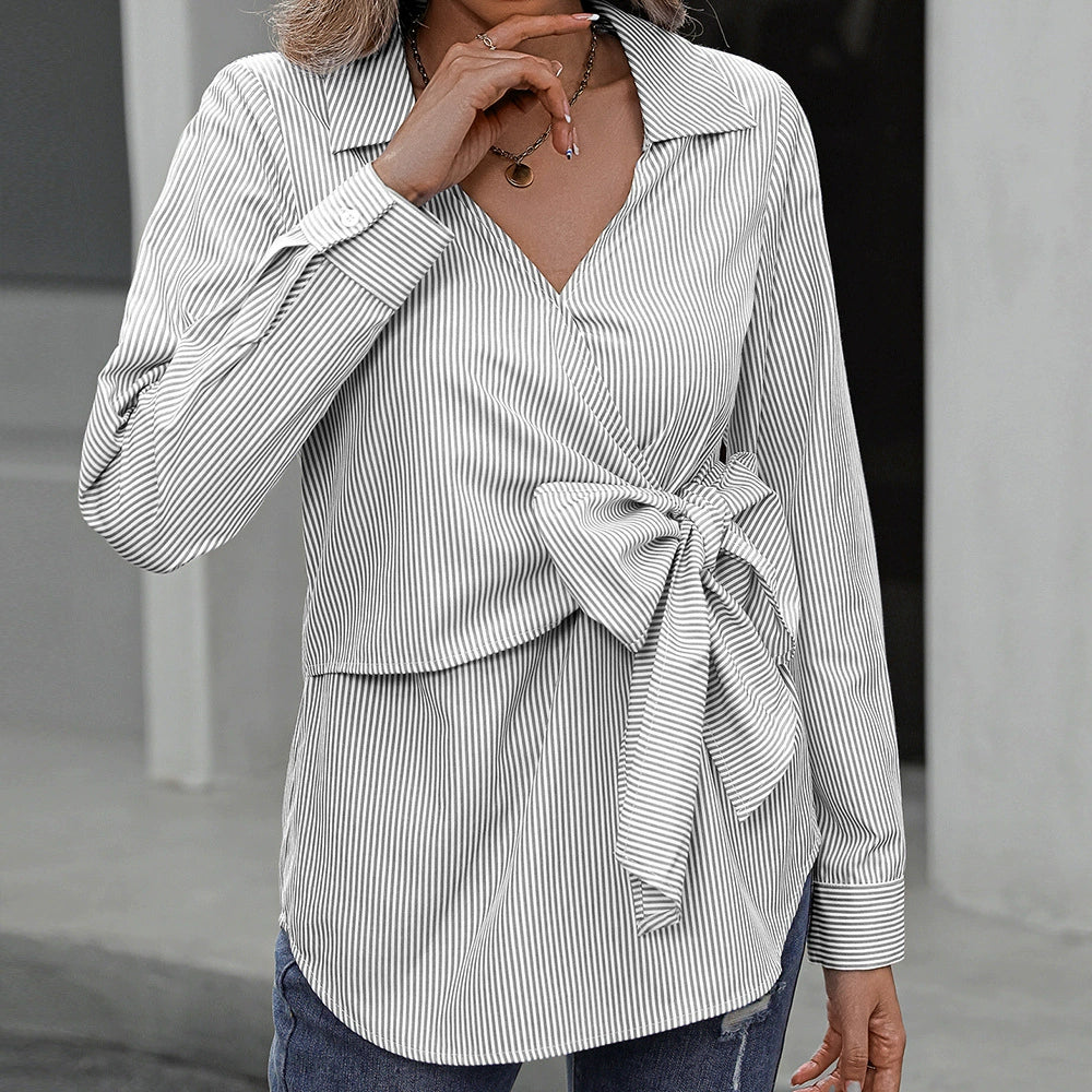 Elegant Women's Clothing | Long Sleeve Slim Fit Dress with Belt Striped Pattern Cotton