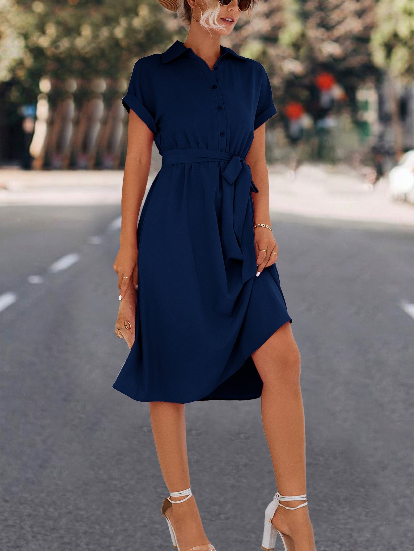 Women's Knee-Length Dress with Belt and V-Neck Elegant
