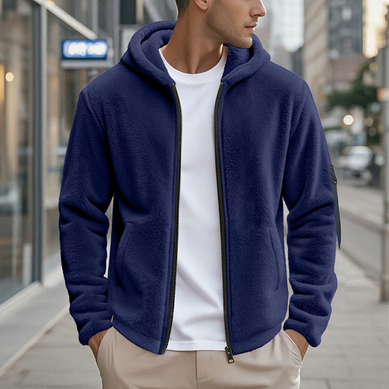 Men's Fleece Jacket Hood Zipper Pockets Outdoor