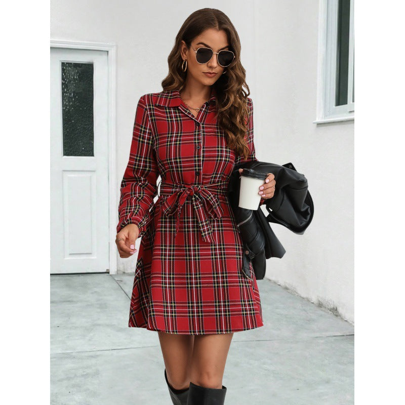 Women's Plaid Shirt Dress with Belt Elegant