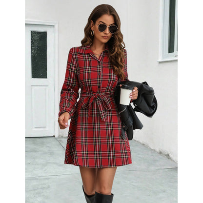 Women's Plaid Shirt Dress with Belt Elegant