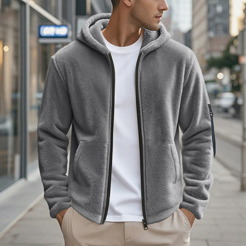 Men's Fleece Jacket Hood Zipper Pockets Outdoor