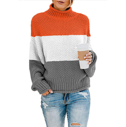 Women's Sweater Chunky Knit High Collar Modern Color Block
