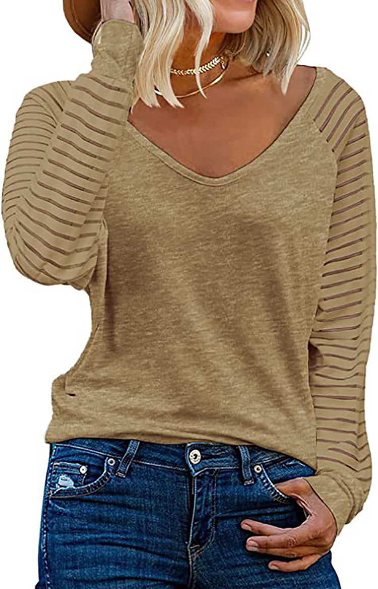 Women's Top Long Sleeve V-Neck Striped Sleeves Trendy
