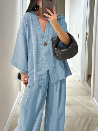 Elegant Dress Set: Loose Blouse and High-Waisted Trousers