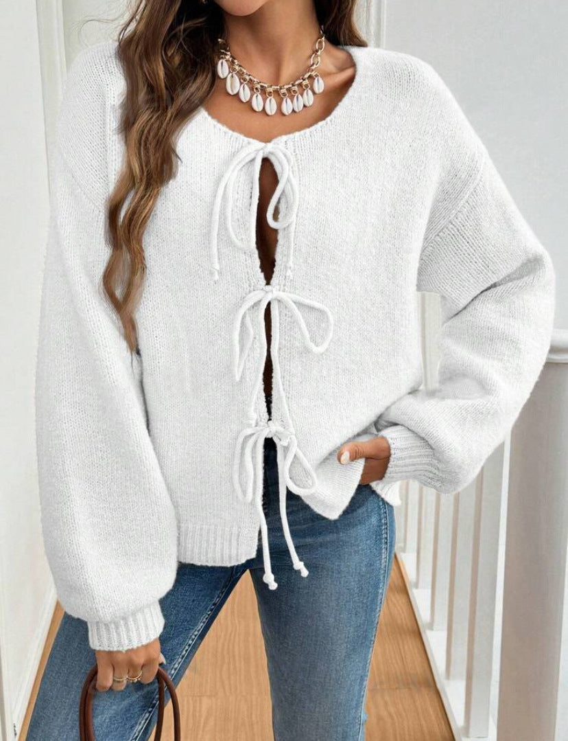Damen Strickpullover Weich Großzügig Schnürdetail