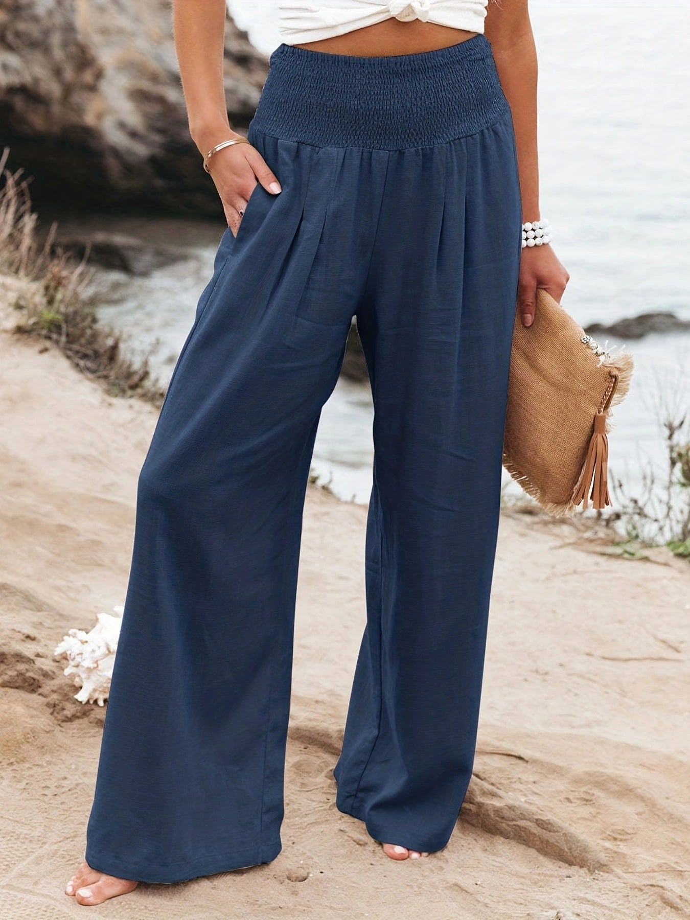 Women's Linen Trousers Wide Comfortable Pleated Skirt Effect