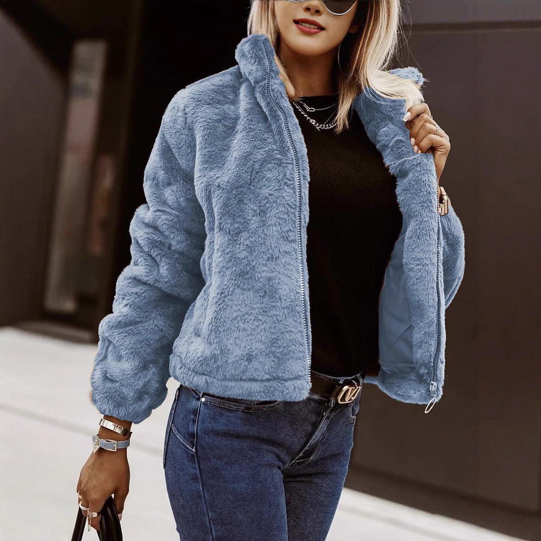Women's Soft Teddy Bomber Jacket with Zipper