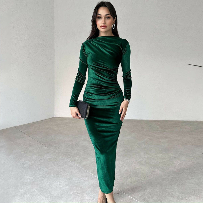 Elegantes Damen Langarmkleid Figurbetonend Raffdesign