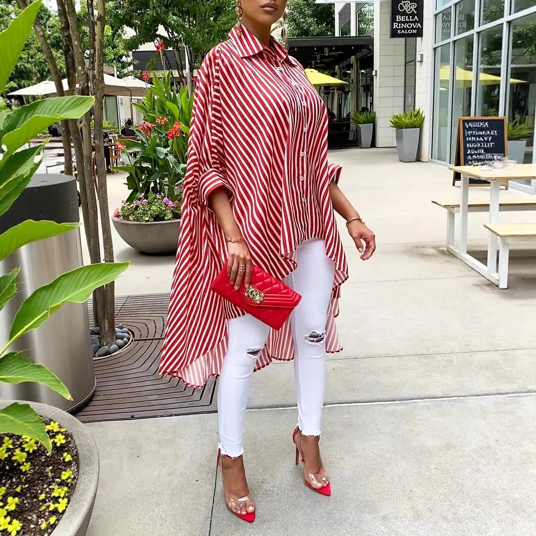 Women's Oversized Striped Asymmetrical Blouse