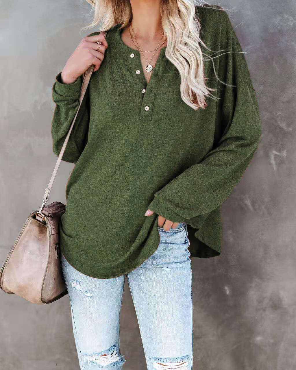 Women's Long-Sleeve Casual Top with Button Detail