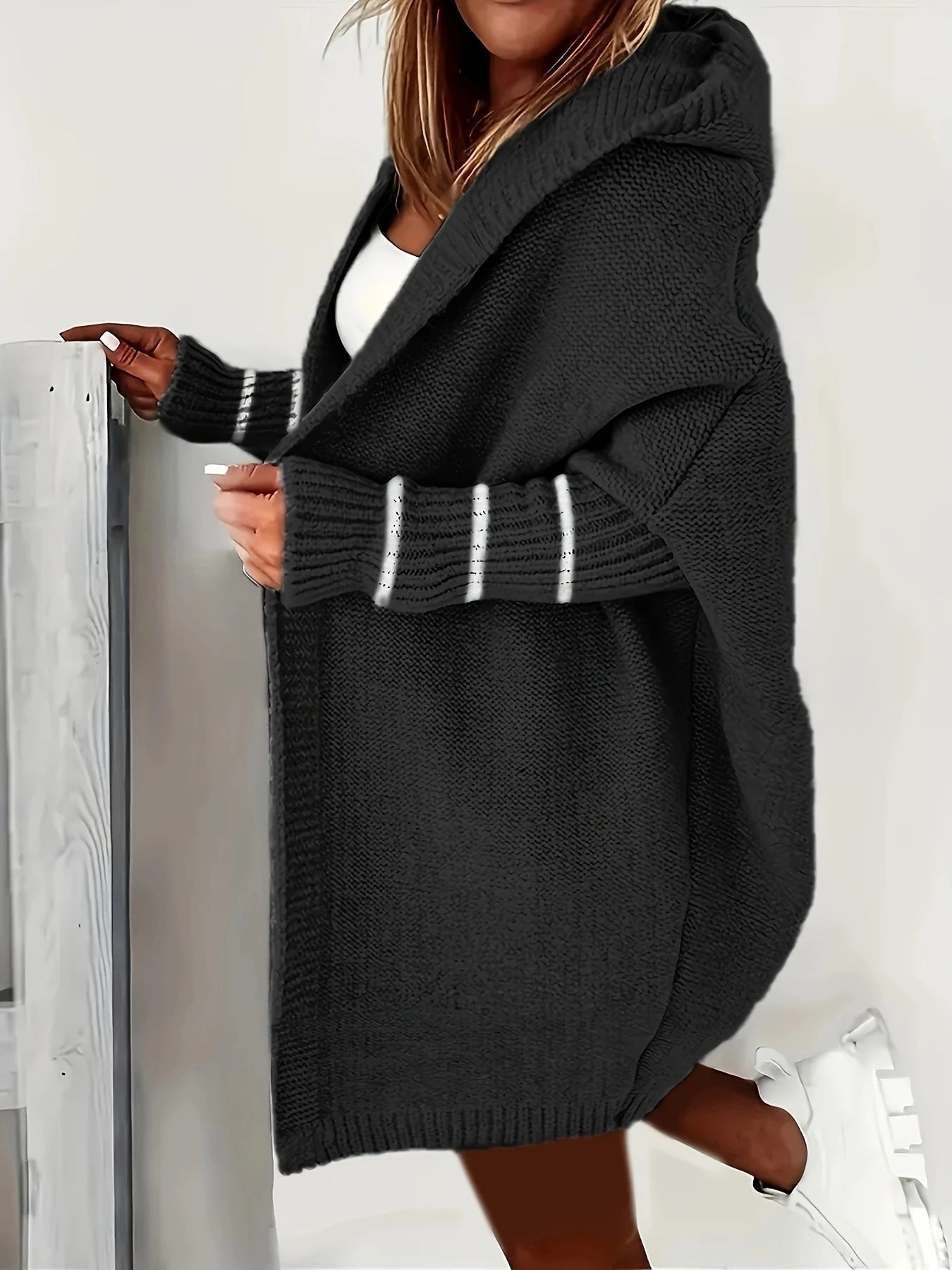 Damen Strickjacke Kapuze Weite Passform - IdealeKleiden