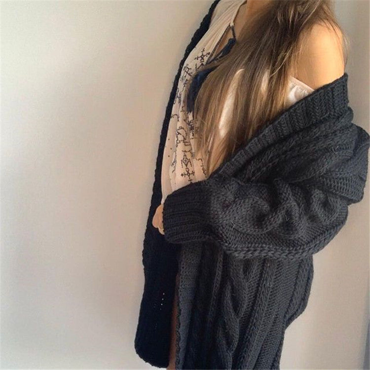 Oversized cable knit V-neck wool dress