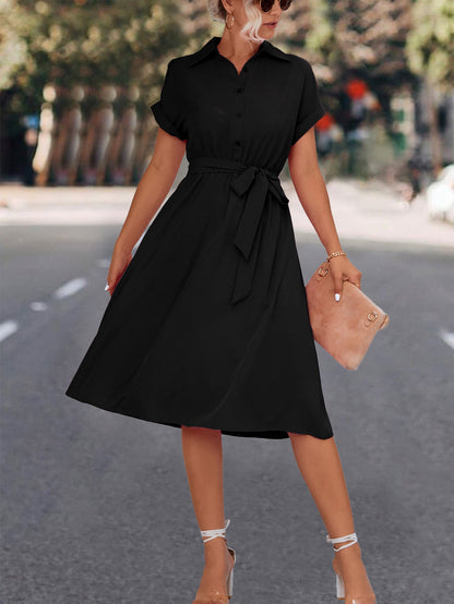 Women's Knee-Length Dress with Belt and V-Neck Elegant