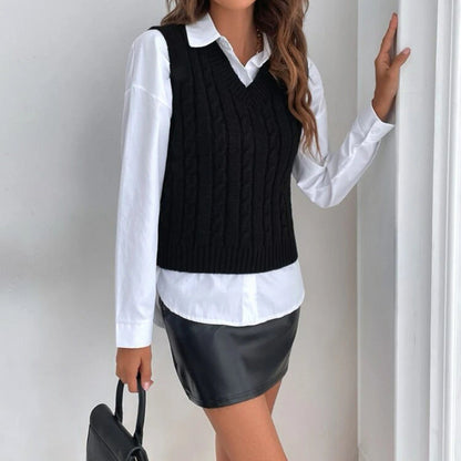 Women's Knitted Vest V-Neck Cable Knit Pattern Elegant Women's Vest