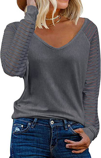 Women's Top Long Sleeve V-Neck Striped Sleeves Trendy