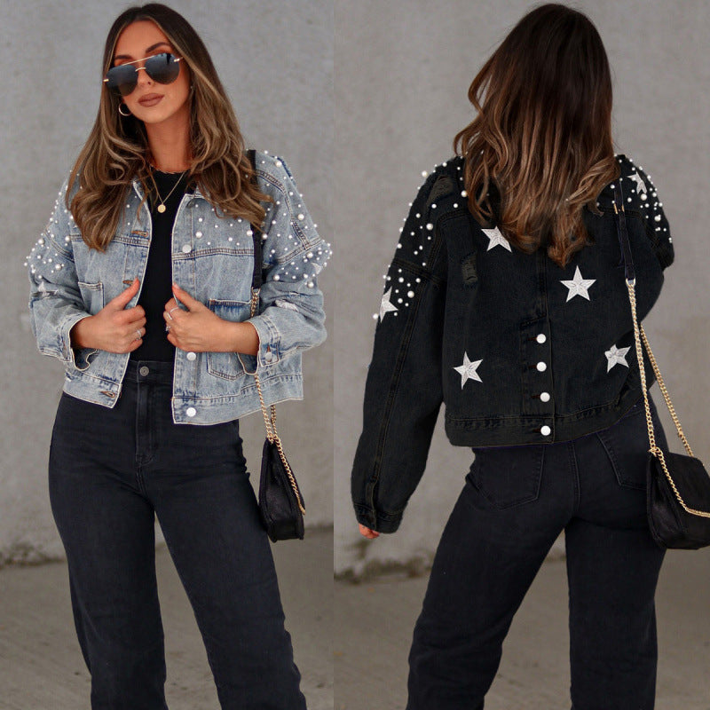 Damen Oversized Jeansjacke mit Coolen Applikationen - IdealeKleiden