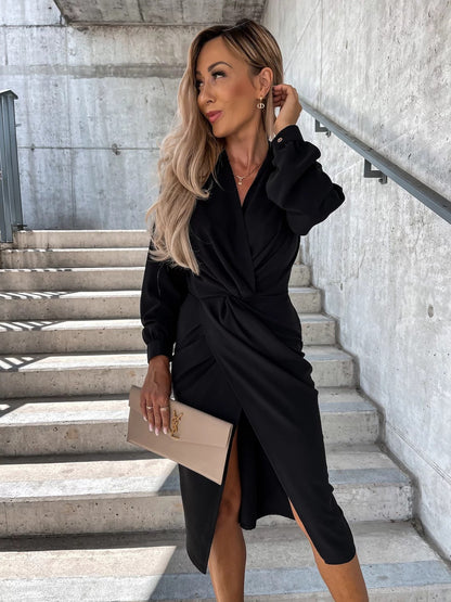 Midi Dress Elegant Wrap Top V-Neck