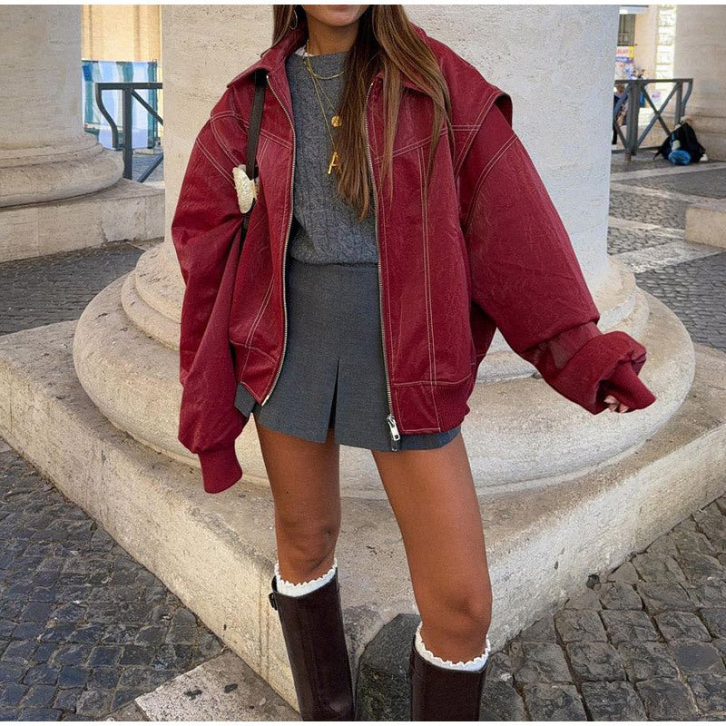 Women's Leather Jacket Trendy Slim Collar