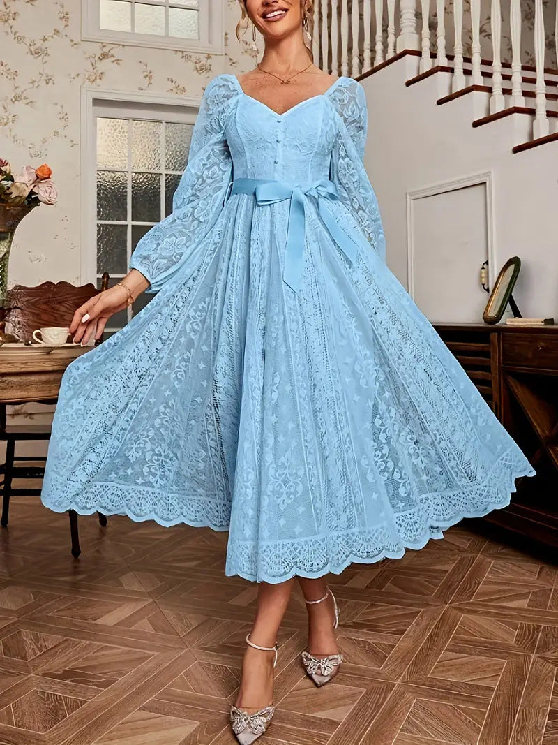 Women's Elegant Lace Puff Sleeve Waist Dress