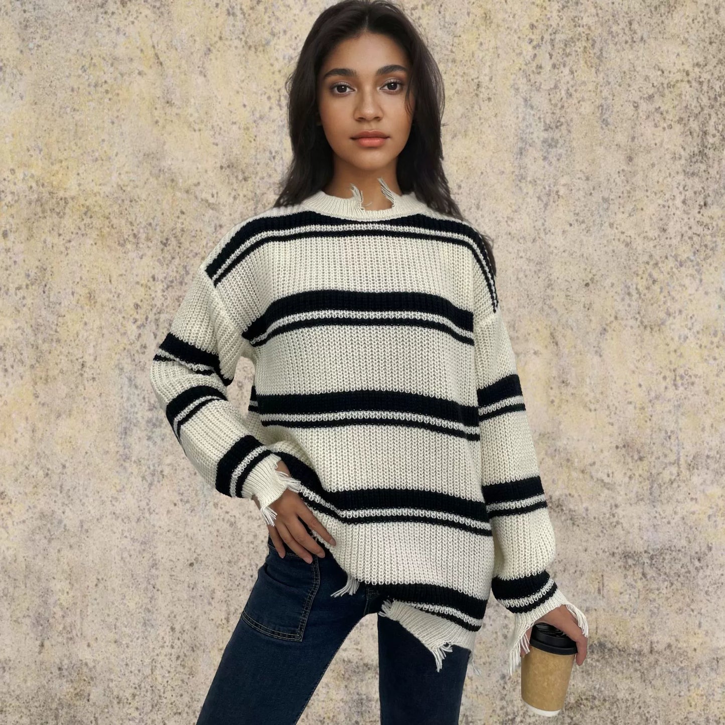 Oversize Knitted Wool Jumper with Contrast Stripes