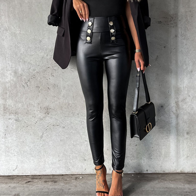 Shiny Women's Leggings with Decorative Buttons Elegant