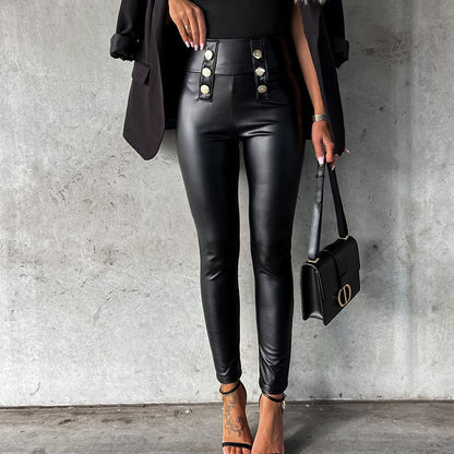 Shiny Women's Leggings with Decorative Buttons Elegant