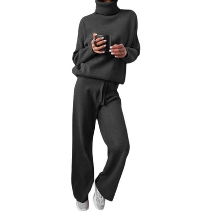 Women's Elegant High-Neck Knitted Wide-Leg Suit