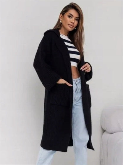 Long Knitted Coat Oversized Wool Blend Hood