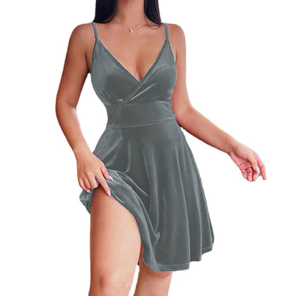 Women's Luxury Velvet Dress A-Line Deep V-Neck