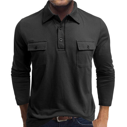 Men's Cotton Long-Sleeved Polo Shirt with Flap Pockets