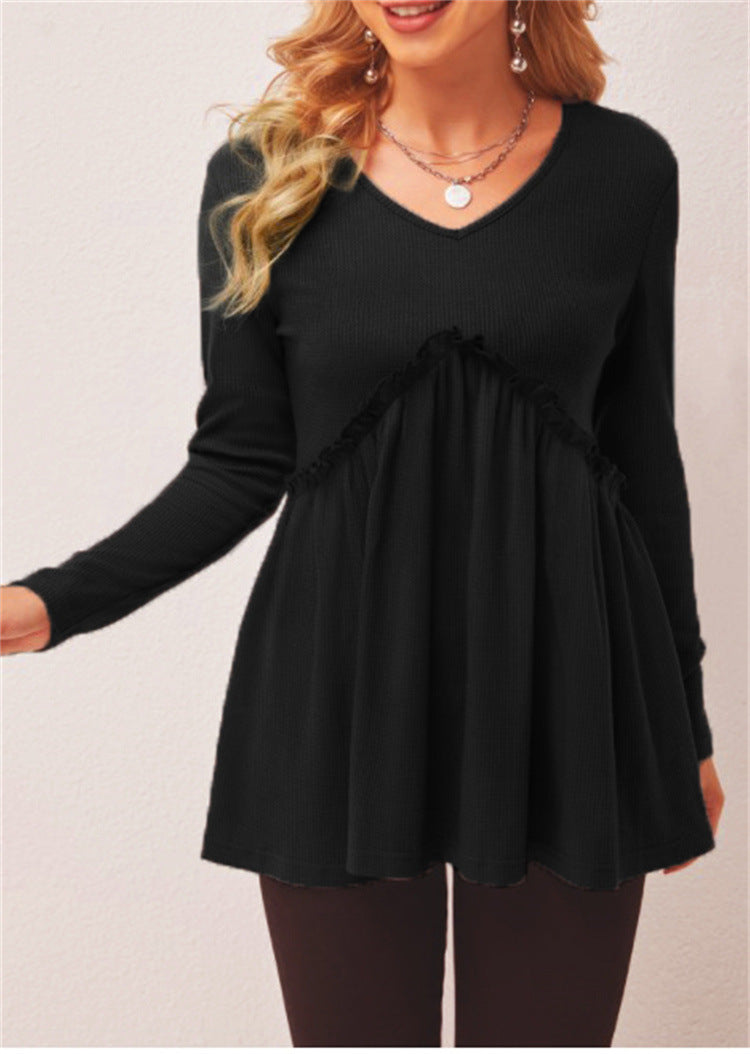 Damen Bluse V-Ausschnitt Rüschen Details Elegante Lange Ärmel