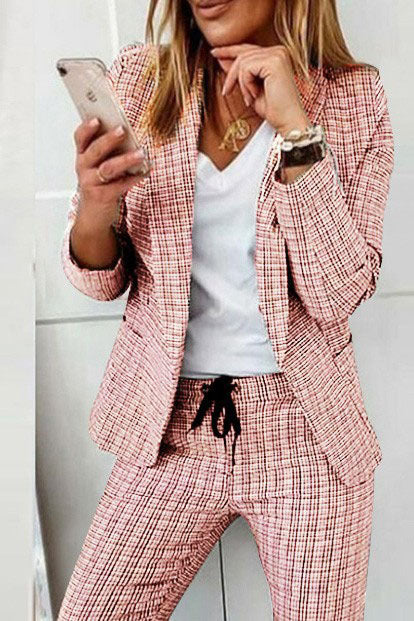 Checked Blazer Coat & Drawstring Trousers Set