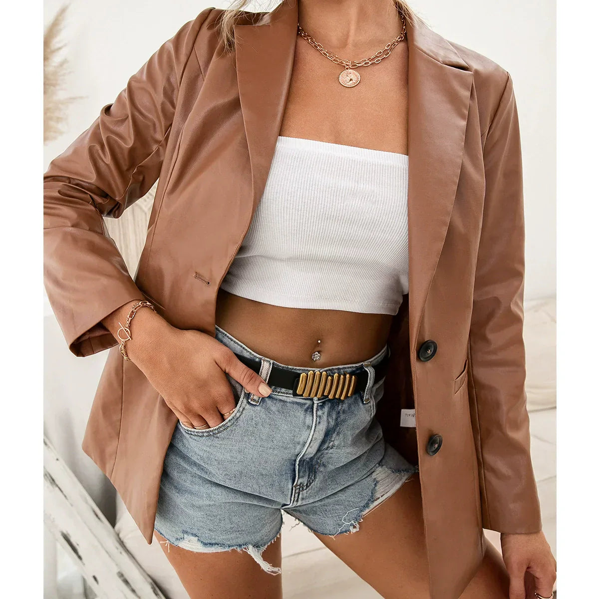 Elegant Mid-Length Slim Fit Faux Leather Trench Coat