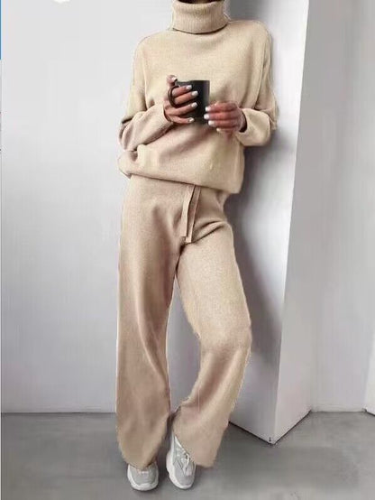 Women's Knitted Lounge Set Wide Leg Trousers Elegant Round Neck