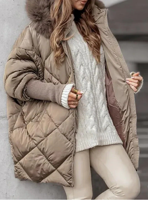 Women's Oversized Quilted Jacket with Plush Collar Trendy Elegant