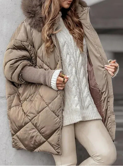 Women's Oversized Quilted Jacket with Plush Collar Trendy Elegant