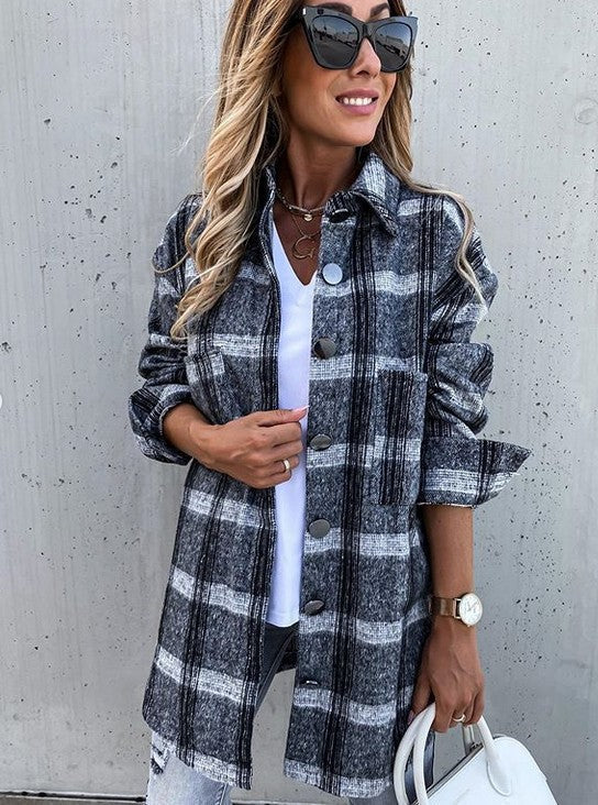 Oversized Wool Coat Plaid Pattern Button Closure