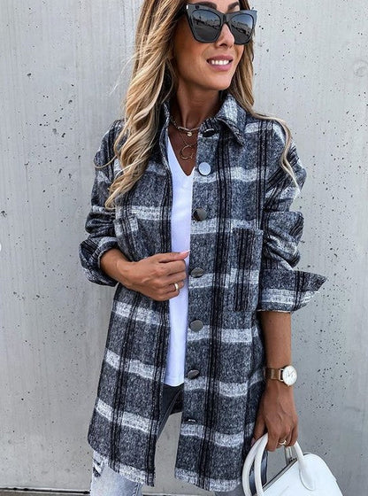 Oversized Wool Coat Plaid Pattern Button Closure
