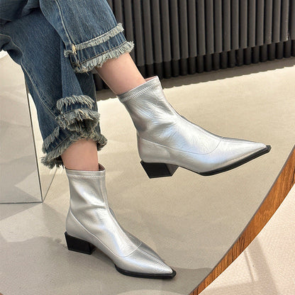Damen Stiefeletten Elegante Spitze Blockabsatz Schuhe