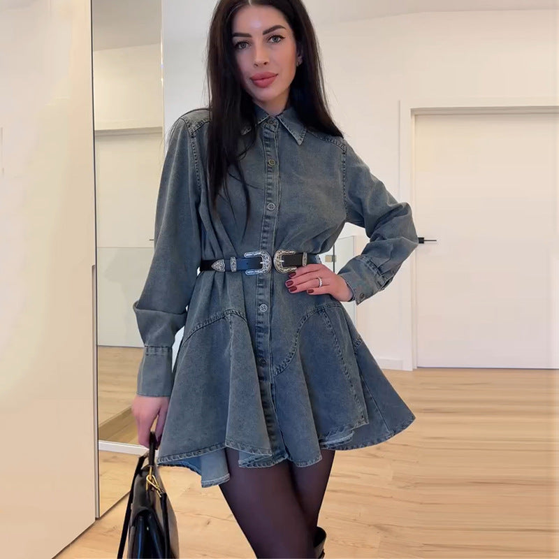 Women's Denim Dress with Belt, Figure-Hugging
