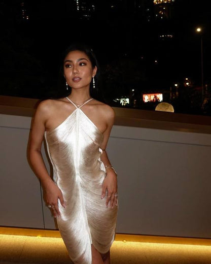 Women's Elegant Gold Slit Party Dress with Plunging Neckline