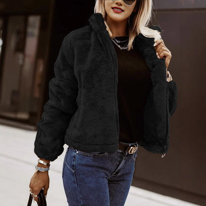 Women's Soft Teddy Bomber Jacket with Zipper