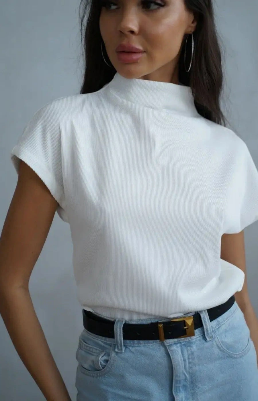 Damen Top Kurzarm Elegant Hochkragen