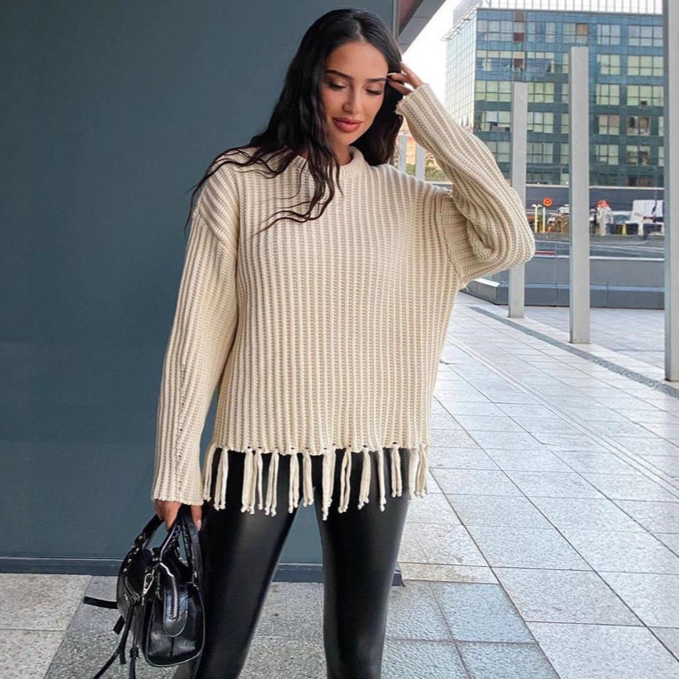 Oversized Rib-Knit Wool Dress with Fringe Detail