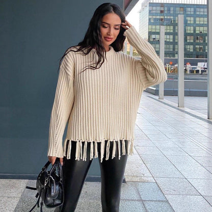 Oversized Rib-Knit Wool Dress with Fringe Detail