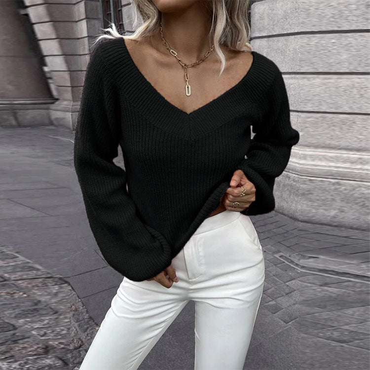 Women's Knitted V-Neck A-Line Sweater Trendy Women's Clothing