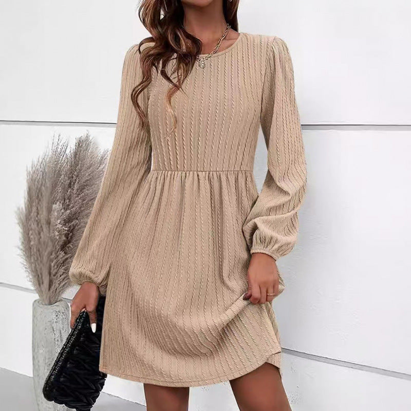 Women's A-Line Dress with Puff Sleeves Elegant Ribbed Knit Design