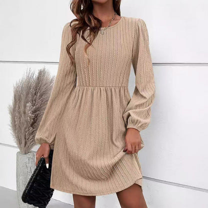 Women's A-Line Dress with Puff Sleeves Elegant Ribbed Knit Design