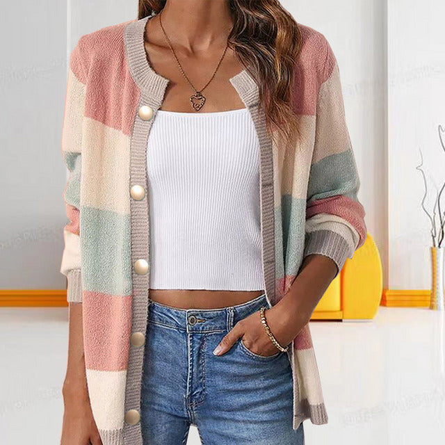 Damen Strickjacke Frühling Streifen Look - IdealeKleiden